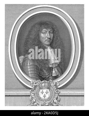 Porträt von Ludwig XIV., König von Frankreich, mit Spitzenkragen mit zwei Quasten, Pieter van Schuppen, nach Nicolas Mignard, 1661 Stockfoto
