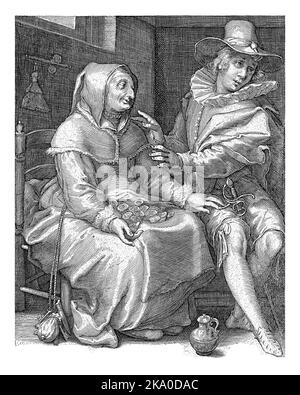 Ungleiche Liebe, Jacob Goltzius (II), nach Hendrick Goltzius, 1584 - 1630 eine alte Frau sitzt auf einem Stuhl. In ihr schoss eine Reihe von Münzen. Neben ihr ein Du Stockfoto