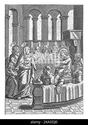 Der zwölfjährige Christus wird von seinen Eltern gefunden, die im Tempel unter den Lehrern sitzen, ihnen zuhören und Fragen stellen. Stockfoto