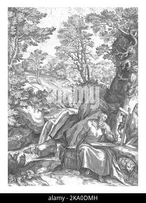 Landschaft mit St. Jerome Übersetzung der Bibel, Cornelis Cort, nach Girolamo Muziano, 1773 Stockfoto