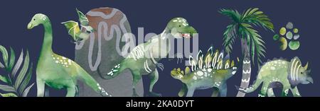 Vorlage für Aquarell-Dinosaurier. Horizontales Banner mit Dinosauriern und tropischen Blättern. Handertränktes Kinderdesign Stockfoto