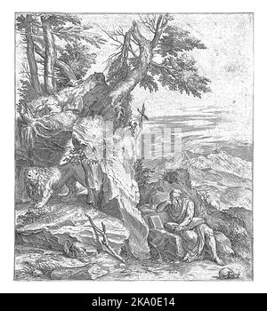 Der heilige Jerome sitzt auf einem Felsen in einer bergigen Landschaft und liest. Neben ihm ein Buch und eine Sanduhr. Der Löwe, sein Attribut, streift unter den r Stockfoto