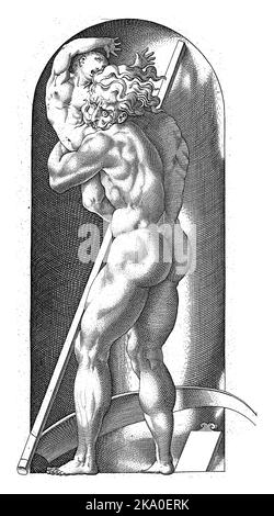 Saturn, römischer gott der Landwirtschaft, verschlingt eines seiner Kinder. In der Nische ist sein Attribut, eine Sense. Stockfoto