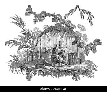 Chinesische Häuser und Figuren. Suite mit sechs Drucken. I. Pilling Inv. FA. aveline sc. London von I. Pillement, A Paris chez Basan, Francois-Antoine Aveline, Stockfoto