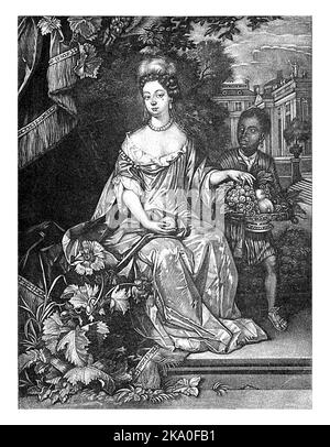 Porträt von Königin Mary II Stuart, Pieter Schenk (I), 1670 - 1713 Mary II Stuart, Königin von England und Schottland, sitzt in einem Garten. Ein Diener bietet an Stockfoto