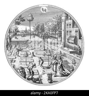 April, Adriaen Collaert, nach Hans Bol, 1578 - 1582 Rundrahmen mit Frühlingslandschaft mit Frühlingsszenen. April ist der Grasmonat. In der Vorbote Stockfoto