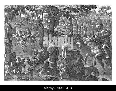 Reiter und Jäger zu Fuß schießen mit Bogen und Pfeilen auf Affen in den Bäumen. Im Vordergrund eine Affenmutter mit zwei Jungen. Stockfoto