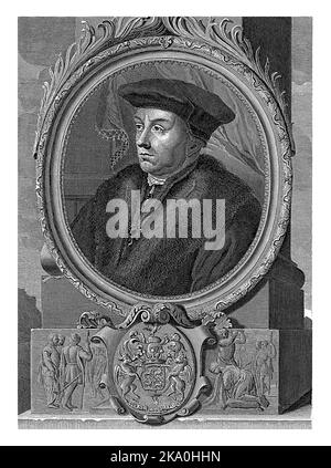 Porträt des englischen Staatsmannes Oliver Cromwell. Auf dem Sockel befinden sich das Wappen und die Enthauptung von Karl I. von England. Stockfoto