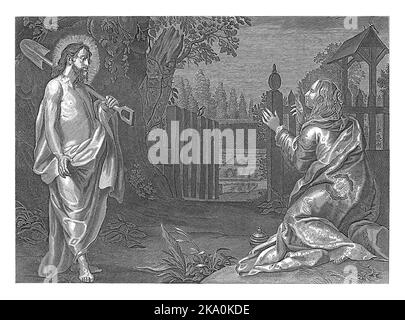 Christus erscheint Maria Magdalena als Gärtner, anonym, nach Jacob Neefs, nach Gerard Seghers, 1630 - 1702 Maria Magdalena kniet vor Christus hinein Stockfoto