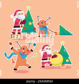 Ein flacher, farbenfroher Weihnachtsmann und sein Hirsch schmücken den Weihnachtsbaum in flachem Design. Stock Vektor