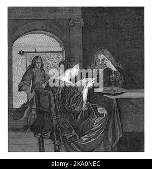 Frau beim Lesen und ein Mann, der an einem Tisch saß, Cornelis-Henricus van Meurs, nach Frans van Mieris, c. 1720 - c. 1730 Eine Frau, die am Tisch sitzt, liest ein Stockfoto