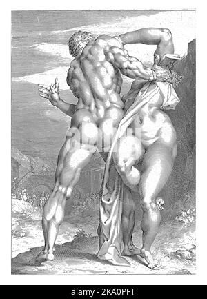 Ein Römer raubt eine Sabine Frau. Rückansicht eines Wachsmodells des Bildhauers Adriaen de Vries. Am unteren Rand des Randes ein zweizeiliger Text in lateinischer Sprache. Stockfoto