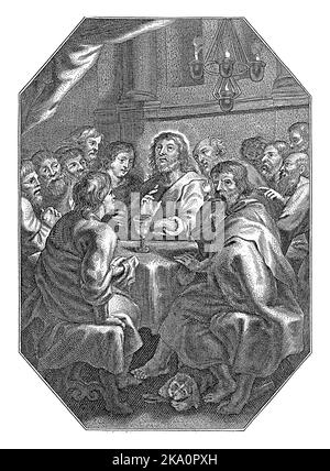 Letztes Abendmahl, Cornelis Galle (I), 1586 - 1650 Christus sitzt am Tisch mit seinen Jüngern zum letzten Abendmahl. Er hält das Brot in den Händen und spricht Stockfoto