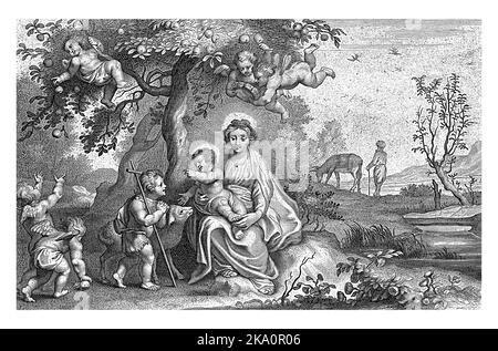 Maria mit Kind und Johannes dem Täufer, Cornelis Galle, 1638 - 1678 Maria sitzt mit dem Christkind unter einem Baum an einem Bach. Johannes der Täufer als Chil Stockfoto