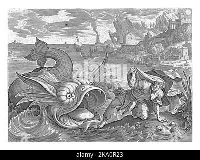 Der Fisch spuckt Jonah an Land, Antonie Wierix (II), nach Maerten de Vos, 1585 Nachdem er drei Tage und Nächte im Bauch des Fisches überlebt hat, die Stockfoto