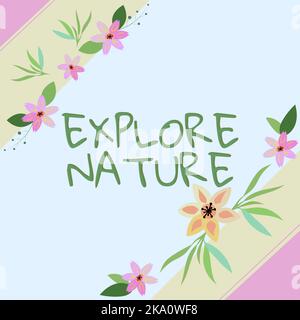 Textunterschrift mit der Darstellung „Explore Nature“. Geschäftskonzept gute Tat für jemanden, der eine gute Tat für Sie getan hat Rahmen mit Blättern und Blumen herum Stockfoto