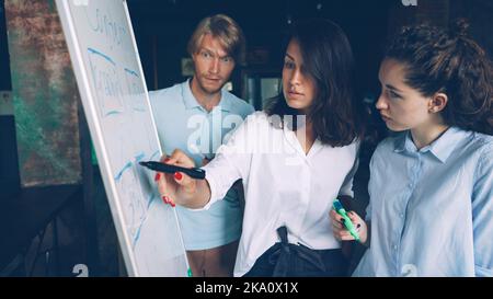 Junge Mitarbeiter Attraktive Menschen arbeiten mit Whiteboards, schauen sich Charts an, schreiben mit Markern und reden im modernen Büro. Business, Jugend und Arbeitskonzept. Stockfoto