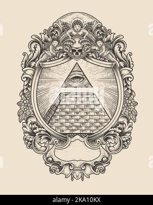 Illustration Illuminati Pyramide mit Gravurstil Stock Vektor