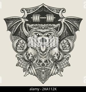 Illustration Baddas Wolfkopf mit Totenkopf mit Gravur Ornament Stock Vektor
