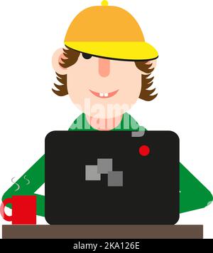 Mann vor einem Computer mit Baseballmütze, Illustration oder Symbol, Vektor auf weißem Hintergrund. Stock Vektor