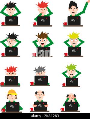 Mann vor einem Computer-Icon-Set, Illustration oder Icon, Vektor auf weißem Hintergrund. Stock Vektor