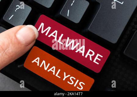 Text mit Inspiration Malware-Analyse. Aktivitäten zur Unternehmensübersicht, die ein Unternehmen unternimmt, um Produkte zu bewerben und zu verkaufen Stockfoto