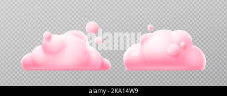 3D Render rosa Wolken, flauschige Spindrift oder Cumulus Wirbel. Fliegendes Wetter und Natur Design Elemente Ballons isoliert auf transparentem Hintergrund, Illustration in Cartoon-Kunststoff-Stil, Symbole gesetzt Stock Vektor