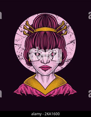 Illustration Geisha Dame auf schwarzem Hintergrund gut für alle Kleidung und Merchandise-Produkt Stock Vektor