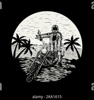 Illustration Biker mit Motorrad am Strand - Vintage Gravurrahmen Stock Vektor