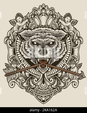 Illustration Vintage Wolf Kopf mit antiken Gravur Ornament Stil Stock Vektor
