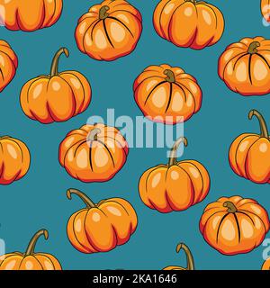 Nahtloses Muster mit halloween Kürbissen auf farbigem Hintergrund. Beängstigende und lustige Gesichter. Niedlicher Kürbis oder Geist. Vektor Herbst Urlaub Illustration Stock Vektor