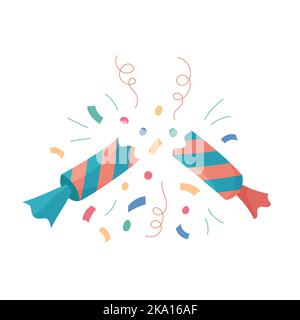 Weihnachts-Cracker isoliert. Flache Vektor-Illustration von gebrochenen Urlaub Cracker und Konfetti. Niedliche bunte Weihnachten, Neujahr und Geburtstag Design-Element. Stock Vektor