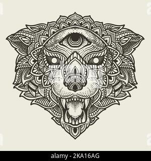 Illustration Wolf Kopf mit Mandala-Stil Stock Vektor
