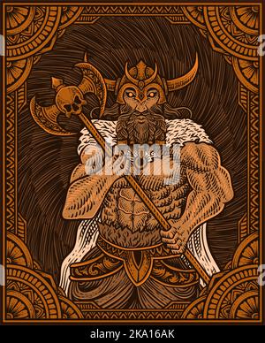Illustration antike wikinger Krieger mit Gravur Ornament Rahmen Stock Vektor