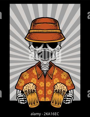 Abbildung Totenkopf Bier auf schwarzem Hintergrund Stock Vektor