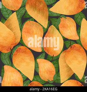 Mango-Nahtloses Muster. Gelbe und orange frische tropische Früchte und Blätter auf schwarzem Hintergrund. Farbenfrohes und modernes Oberflächendesign. Stockfoto