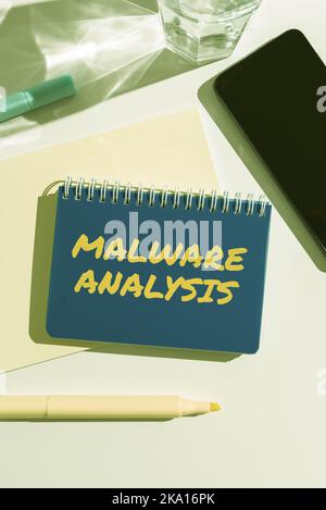 Text mit Inspiration Malware-Analyse. Internet-Konzept-Aktivitäten ein Unternehmen nimmt, um Produkte zu fördern und zu verkaufen Stockfoto