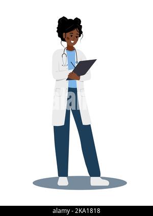Ärztin, die ein ärztliches Rezept schreibt. Afrikanischer Therapeut in Uniform hält Zwischenablage mit Rezept für Patienten. Gesundheitswesen, Behandlung und Pharmazie Stock Vektor
