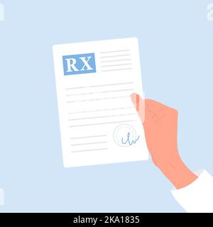 Verschreibungspflichtige Medikamente. Weibliche Hand halten Rezept für Pillen. Apothekenkontrolle. Gesundheits- und Behandlungskonzept. Vektorgrafik in flacher Form Stock Vektor