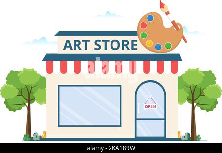 Art Shop mit Malzubehör Shop Zubehör und Werkzeuge für Zeichnung, Künstler und Designer auf Flat Cartoon Hand Drawn Template Illustration Stock Vektor