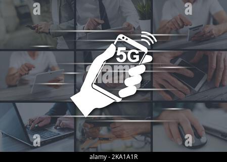 5g-Konzept illustriert durch Bilder im Hintergrund Stockfoto