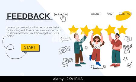 Landing-Page-Vorlage mit Gruppe von Menschen mit goldenen Sternen, positive Bewertung. Kundenfeedback, Meinung oder Qualitätsranking-Konzept. Bewertung der Kundenzufriedenheit. Flache Vektorgrafik für Website. Stock Vektor
