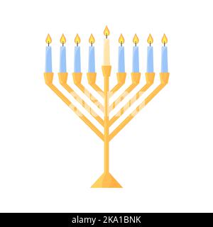 Hanukkah Menorah isoliert. Traditioneller jüdischer Chanukiah Kerzenhalter mit neun Kerzen auf weißem Hintergrund. Flache Vektorgrafik. Stock Vektor