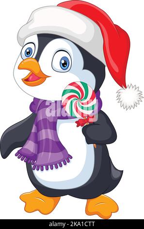 Cartoon Pinguin trägt Hut und Schal hält ein Lutscher Stock Vektor