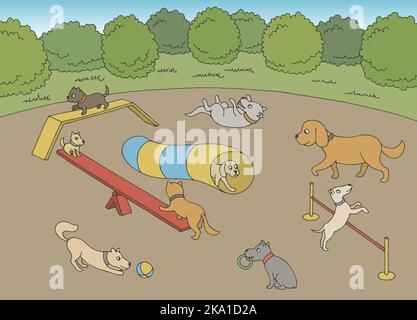 Hund spielen auf Spielplatz Grafik Farbe Skizze Landschaft Illustration Vektor Stock Vektor