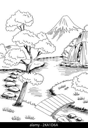 Japan Garten See Grafik schwarz weiß Landschaft Skizze vertikale Illustration Vektor Stock Vektor