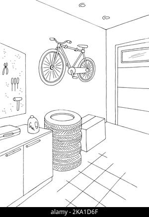 Garage Grafik schwarz weiß Innenraum Skizze vertikale Illustration Vektor Stock Vektor