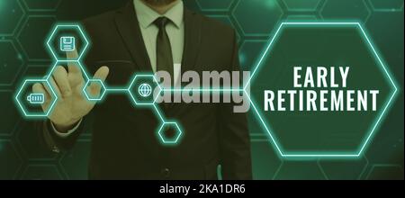 Handschrift Zeichen vorzeitiger Ruhestand. Internet-Konzept ein Tool zur Optimierung der Benutzerfreundlichkeit der Online-Assets Geschäftsmann zeigt auf Floppy Disk Stockfoto