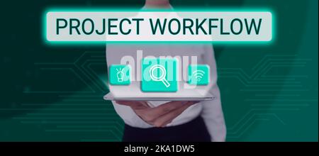 Textschild, das den Projekt-Workflow anzeigt. Wort für Bewerten Sie Ihre Fähigkeit, Blutgerinnsel angemessen zu bilden Stockfoto