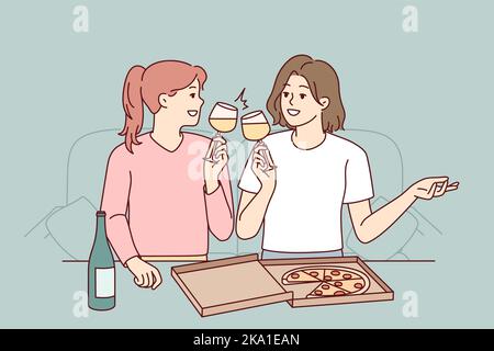 Glückliche junge Frauen sitzen zu Hause auf der Couch und essen Pizza und trinken Wein. Lächelnde Mädchen haben Spaß, gemeinsam Essen und Freizeit zu genießen. Vektorgrafik. Stock Vektor